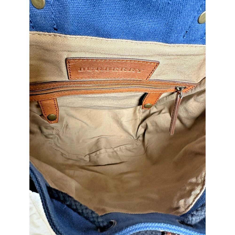 Burberry Blue Cotton Canvas Backpack Rucksack ~ Brown Leather Trim~ Drawstring - Picture 6 of 11